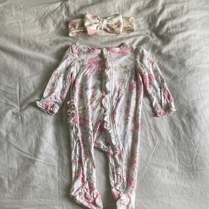 Little Me Pink and White Floral Footie with Headband